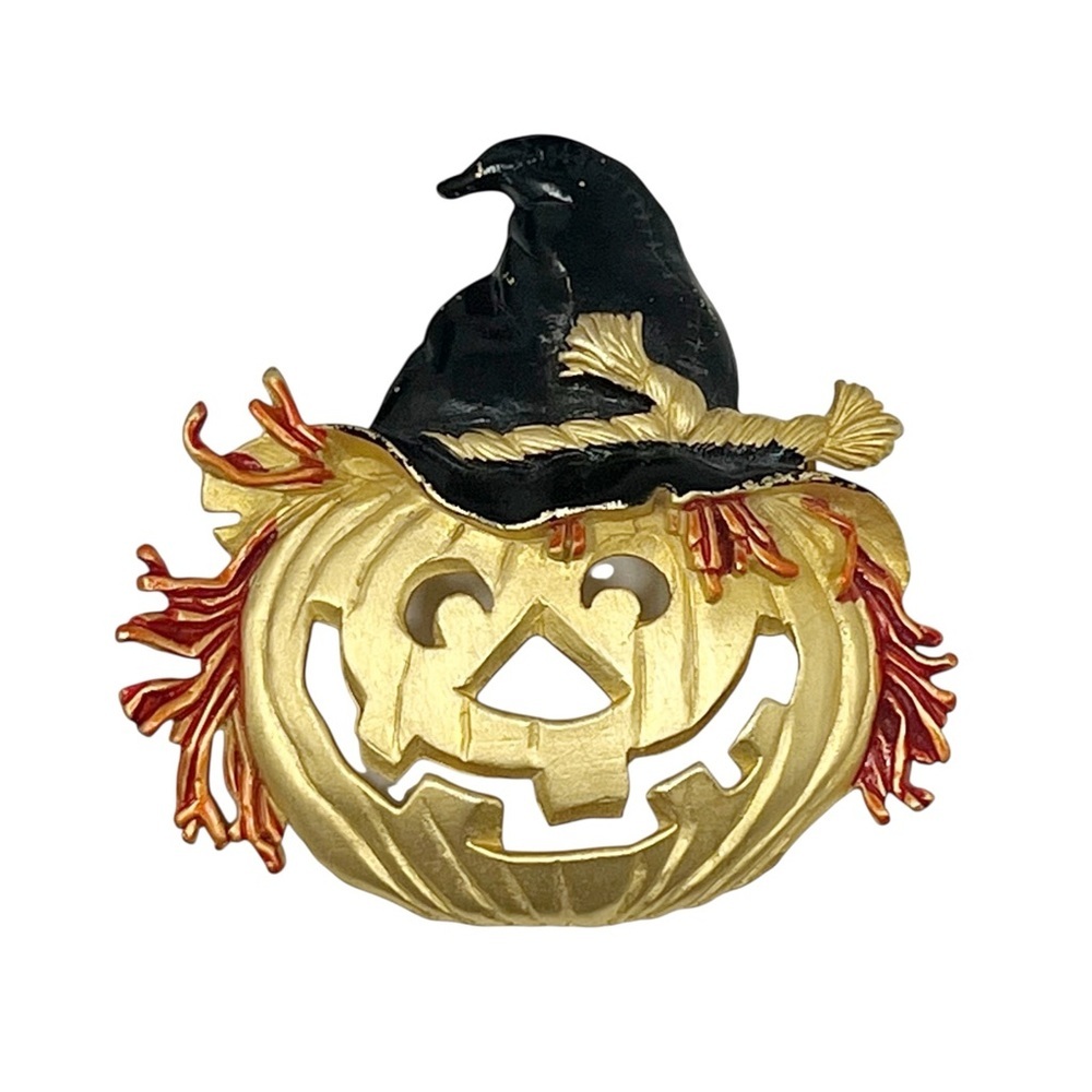 Festive Pumpkin Brooch With Witch Hat